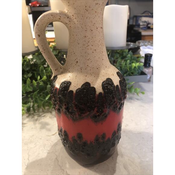 Bay Ceramic Fat Lava Vase, 7120, Fire Red Black Lava Cream Splatter Wear Germany - Picture 3 of 8